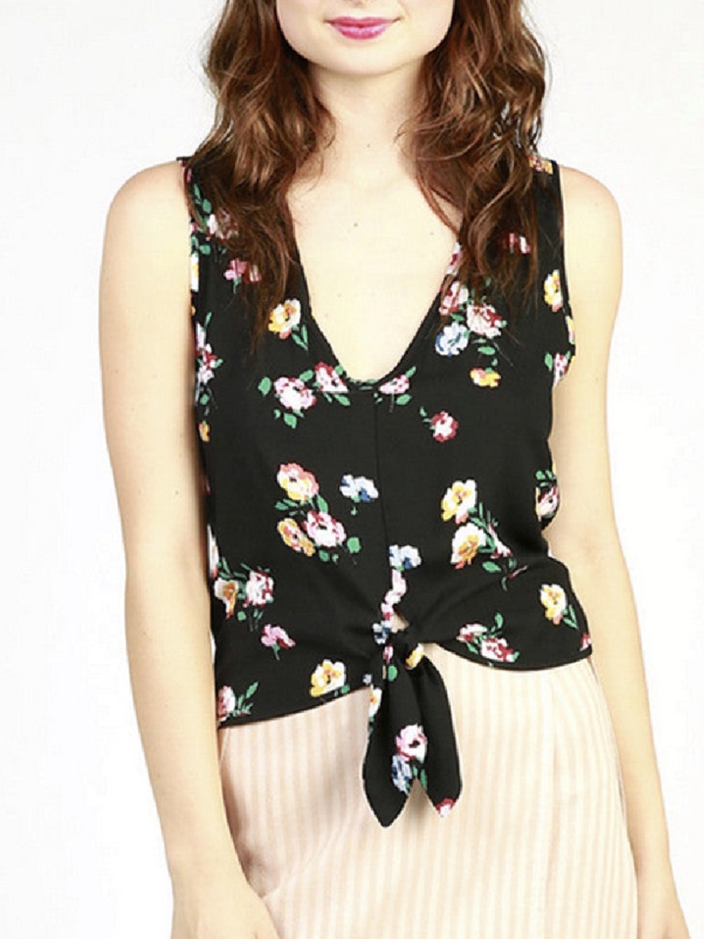 Cameo | Black Floral Print Tie Front Tank